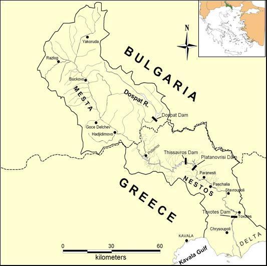 1.5. Περιοχή μελέτης 1.5.1. Γενικά χαρακτηριστικά Η λεκάνη απορροής του Νέστου μοιράζεται μεταξύ Ελλάδας και Βουλγαρίας.