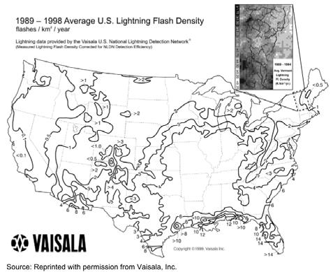 Σχήµα 4.2: Χάρτης GFD των Η.Π.Α.[9] Συστήµατα εντοπισµού κεραυνών, καθώς και δίκτυα µέτρησης κεραυνών έχουν τοποθετηθεί στη βόρεια Αµερική και σε άλλα µέρη του πλανήτη.