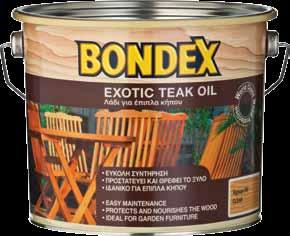 Bondex Exotic Teak Oil Άχρωμο λάδι Τικ, αλκυδικής βάσης για χρήση εσωτερικά ή εξωτερικά σε σκληρή ξυλεία. Έτοιμο για χρήση Προεργασία: Παλαιότερα επεξεργασμένες επιφάνειες πρέπει να γυαλοχαρταριστούν.