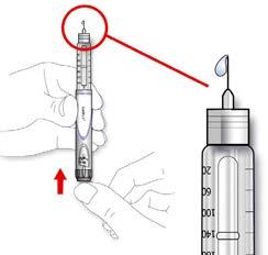 E. Apăsaţi până la capăt butonul injector. Verificaţi dacă apare insulină în vârful acului. S-ar putea să fie nevoie să faceţi testul de siguranţă de mai multe ori până să apară insulina.