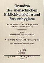 Φυλετική υγιεινή 1923 «Βασικές αρχές της ανθρώπινης κληρονομικότητας και φυλετικής υγιεινής» Eugen Fischer,