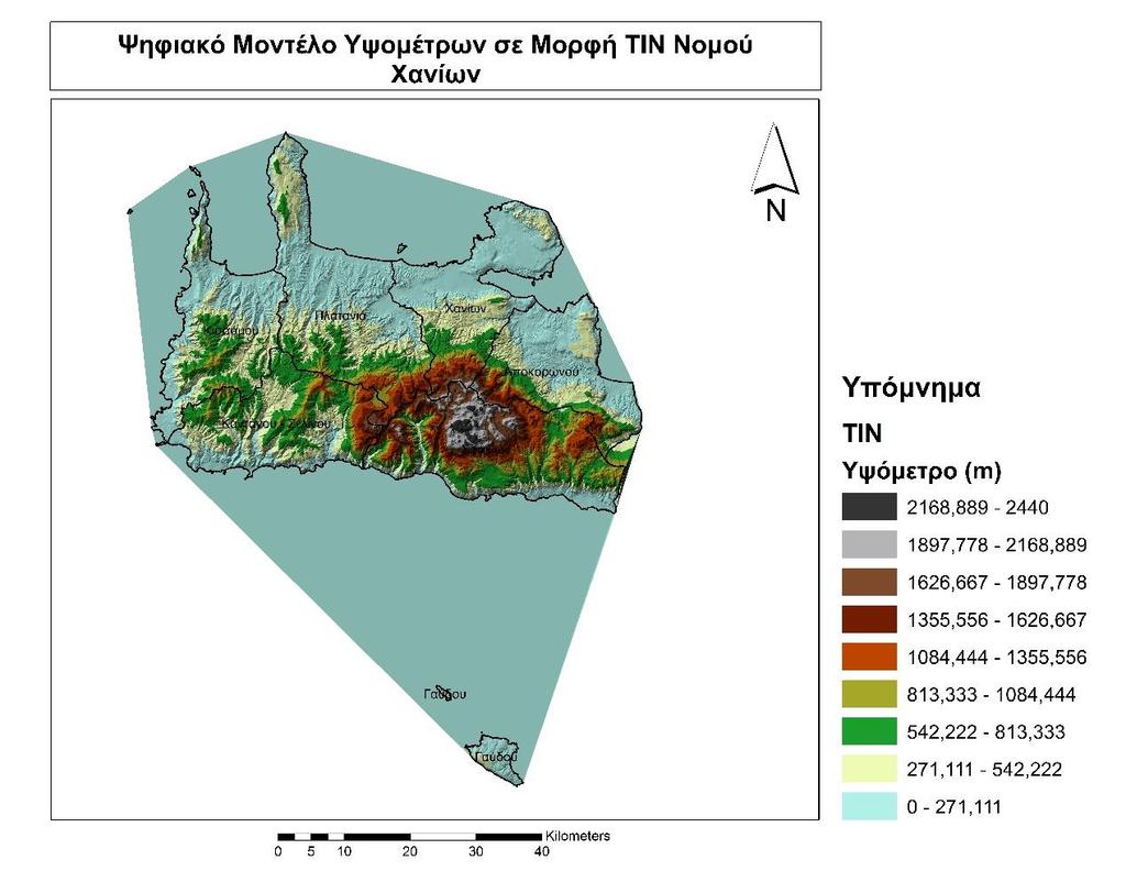 Παρακάτω φαίνεται το Ψηφιακό Μοντέλο Υψομέτρων σε μορφή ΤΙΝ για το νομό