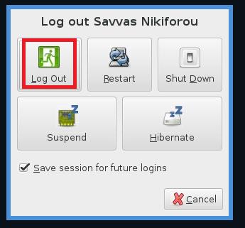 Για να αποσυνδεθούμε από τη μηχανή επιλέγουμε Logout από το μενού Applications, και ξανά