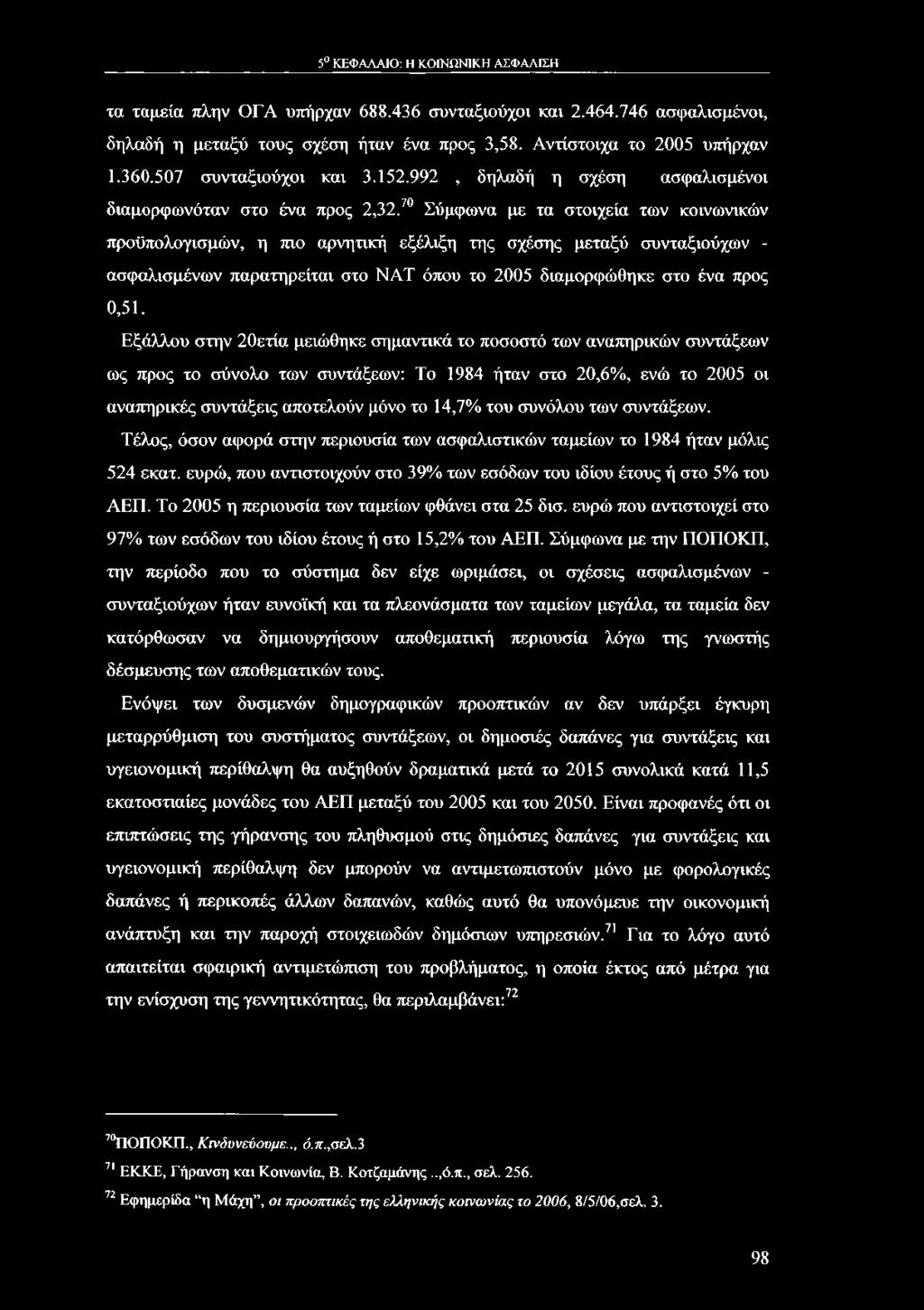 5 ΚΕΦΑΛΑΙΟ: Η ΚΟΙΝΩΝΙΚΗ ΑΣΦΑΛΙΣΗ τα ταμεία πλην ΟΓΑ υπήρχαν 688.436 συνταξιούχοι και 2.464.746 ασφαλισμένοι, δηλαδή η μεταξύ τους σχέση ήταν ένα προς 3,58. Αντίστοιχα το 2005 υπήρχαν 1.360.