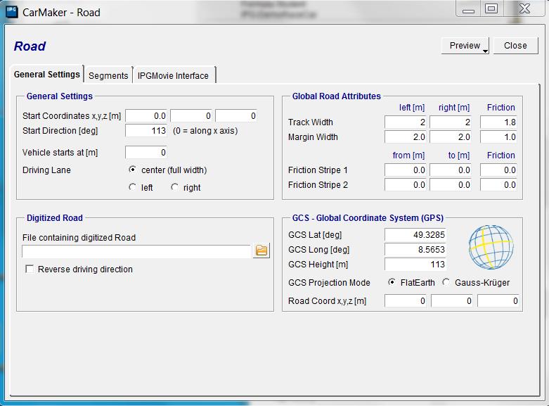 Από τo μενού Parameters->Road ανοίγει το παράθυρο από το οποίο μπορεί κανείς να δημιουργήσει την πίστα ή να εισάγει ένα έτοιμο αρχείο και να πραγματοποιήσει τις απαραίτητες ρυθμίσεις για το κάθε