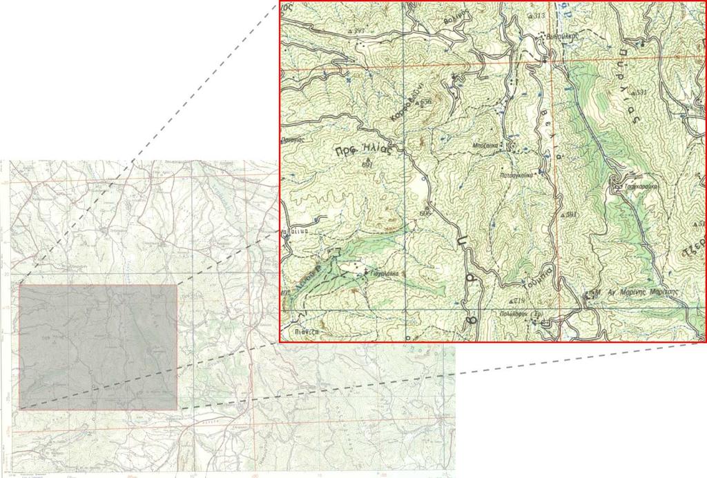 τμήμα ενός πραγματικού χάρτη της Γεωγραφικής Υπηρεσίας Στρατού.