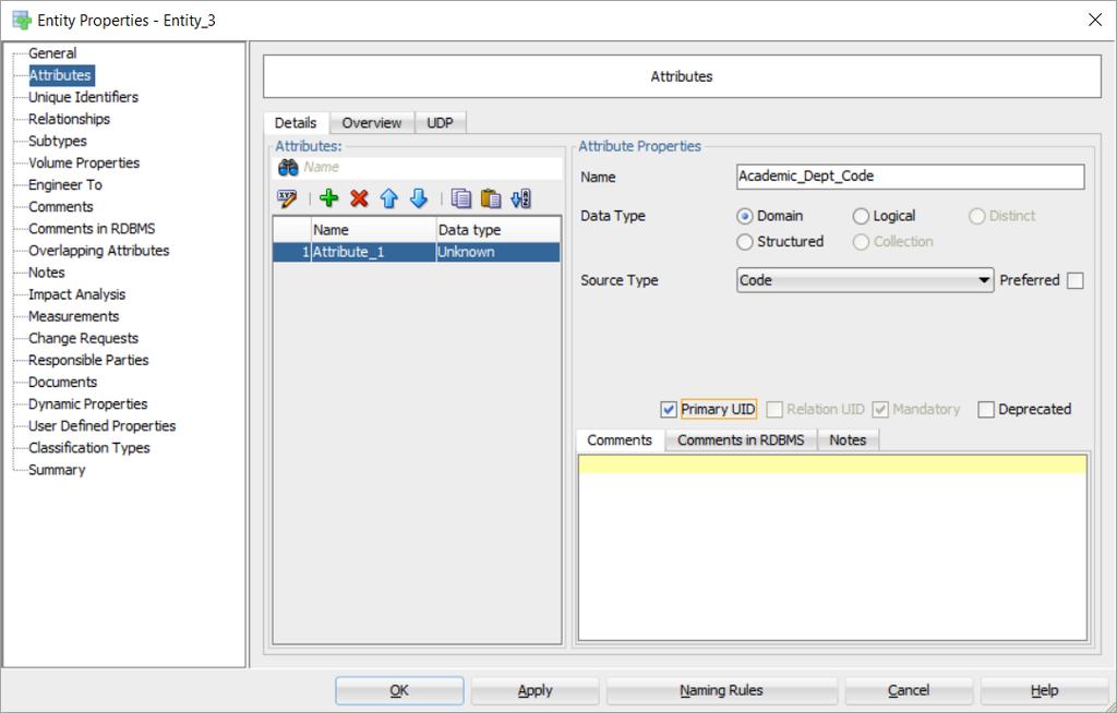 Oracle SQL Developer DM Δημιουργία Μοντέλου Οντοτήτων-Συσχετίσεων Κάνουμε κλικ στο «+» για κάθε νέο attribute που θέλουμε να προσθέσουμε και καταχωρούμε όνομα, τύπο δεδομένων (domain ή