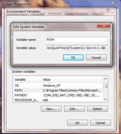 11. Γίνεται προσθήκη προορισμού ;C:\Qwt-6.0.1\lib στη μεταβλητή συστήματος PATH όπως φαίνεται στην Εικόνα 11. Μετά επιλέγουμε OK για να κλείσουν όλα τα ανοιχτά παράθυρα.