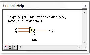 4.7 Βοήθεια Το παράθυρο βοήθειας του LabVIEW προσφέρει πολύτιμες πληροφορίες βοήθειας για τις λειτουργίες, τις σταθερές, τα subvis, τα controls και τα indicators.