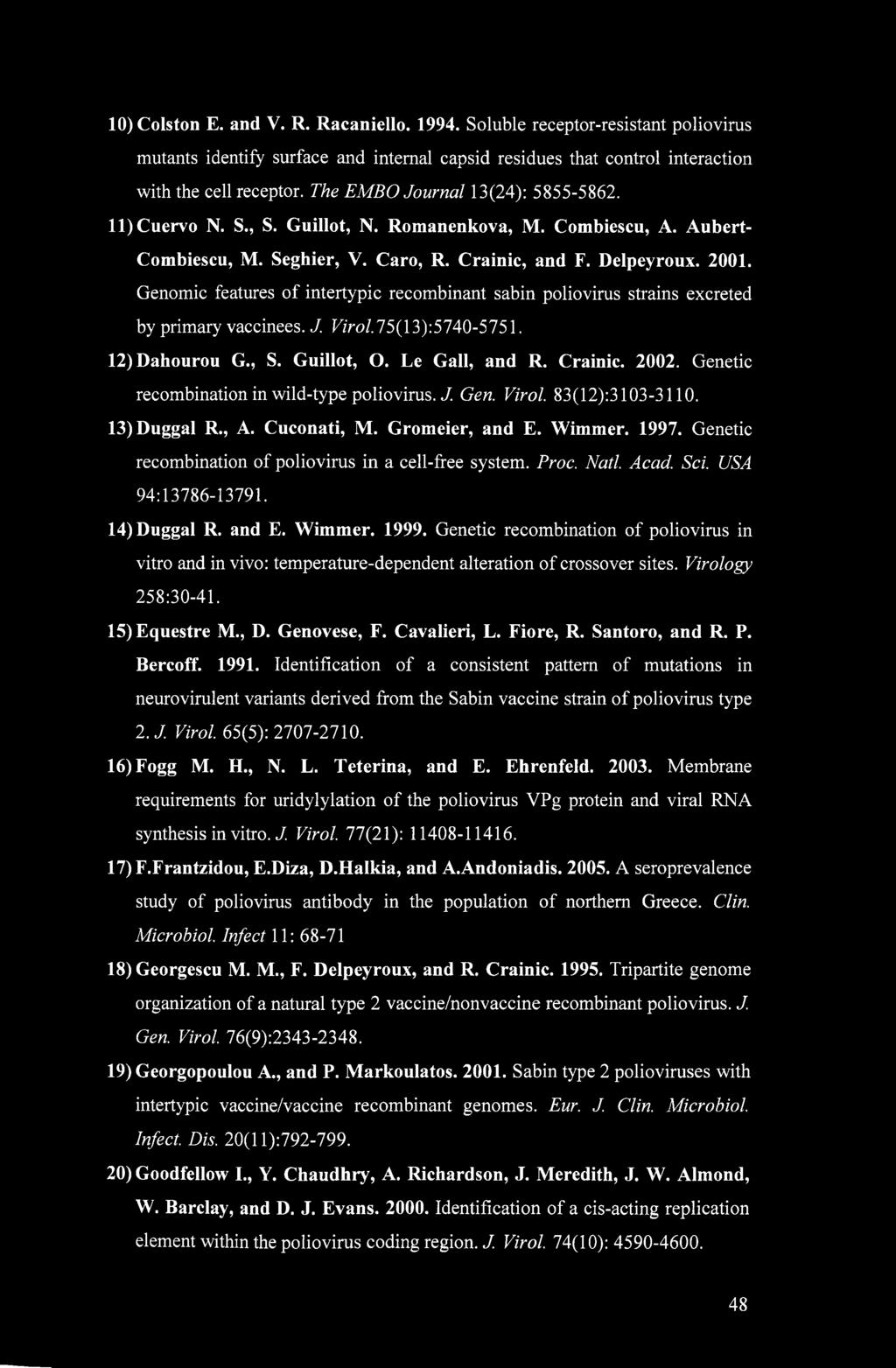 Genomic features of intertypic recombinant sabin poliovirus strains excreted by primary vaccinees. J. Virol. 75(13):5740-5751. 12) Dahourou G., S. Guillot, O. Le Gall, and R. Crainic. 2002.