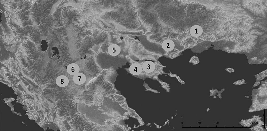 Εικ. 1. Χάρτης της Μακεδονίας και οι χώροι παλαιολιθικής έρευνας που αναφέρονται στο κείμενο. 1. Η ανατολική Μακεδονία και οι περιοχές του Στρυμόνα και Νέστου 2.