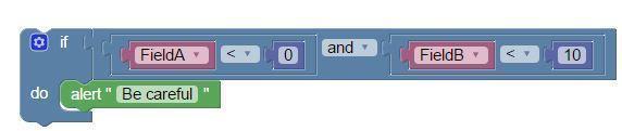 Το μπλοκ χρησιμοποιείται σαν είσοδος στο μπλοκ επιλογής (if). Θα επιστρέψει το μήνυμα «Να είσαι προσεκτικός» αν FieldA είναι μικρότερο από 0 και ταυτόχρονα το FieldB είναι μικρότερο από 10.