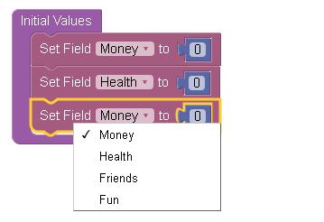 Για να προσθέσεις αρχικές τιμές, επιλέγεις από την πλευρική μπάρα το μπλοκ set Field to και το σέρνεις κάτω από το αντίστοιχο set Field μπλοκ, όπως δείχνει η Εικόνα 8.