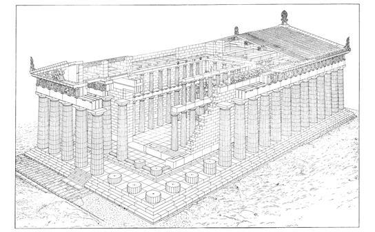Ο Παρθενώνας αποτελείται από τρία καθ ύψος μέρη (Εικόνα 1.7): Την κρηπίδα, που είναι η οριζόντια κλιμακωτή βάση του ναού. Το περιστύλιο, που είναι η κάθετη στη κρηπίδα υψηλή και πυκνή κιονοστοιχία.