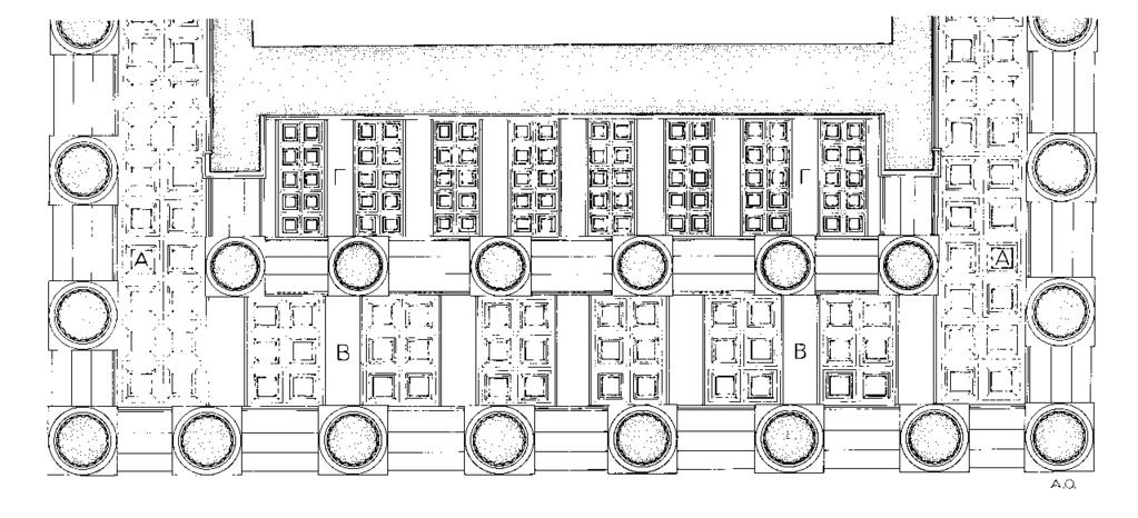 Εικόνα 1.39 Άνοψη των φατνωματικών οροφών του Α: πτερού μακρών πλευρών, Β: πτερού στενών πλευρών, Γ : οπισθόναου. (Η αρχιτεκτονική του Παρθενώνος, Α. Κ.