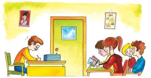 Το σχολείο ταξιδεύει στο χρόνο Tι γίνεται στην τάξη Ο Κώστας διαβάζει. Η Πάολα γράφει την άσκηση. Ο δάσκαλος διορθώνει τα τετράδια.