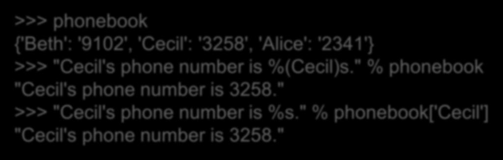 Formatting με χρήση λεξικού κλειδί λεξικό >>> phonebook {'Beth': '9102', 'Cecil': '3258', 'Alice': '2341'} >>> "Cecil's phone number is