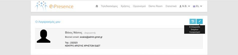 να αλλάξει Επώνυμο, Όνομα, Τηλέφωνο, Οργανισμό και Τμήμα,