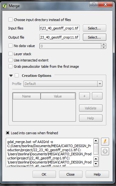 με Ctr από το πληκτρολόγιο το δεύτερο) (Input files), ορίζουμε το όνομα και την θέση του αρχείου που θα προκύψει από την ένωση (Output files) και ενεργοποιούμε το load into canvas when finished (Εικ.