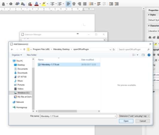 6. Στο παράθυρο που αναδύεται ψάξε να βρεις το plugin του LibreOffice, Mendeley- 1.17.9.oxt (1).