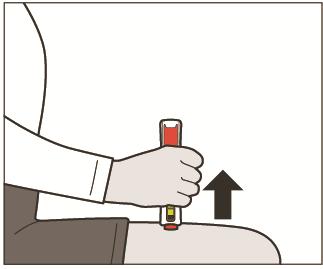 b. Apăsați ferm și continuu pe stiloul injector (pen) în locul de injectare. Veți începe să auziţi sunete ca nişte clicuri. Acesta înseamnă că medicamentul este injectat (vezi Figura G). Figura G c.