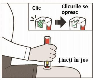 Nu ridicați stiloul injector (pen) de pe locul de injectare până când nu se opresc sunetele ca nişte clicuri și nu vedeți bifele verzi în fereastra de stare a injecției. Figura H Avertisment!