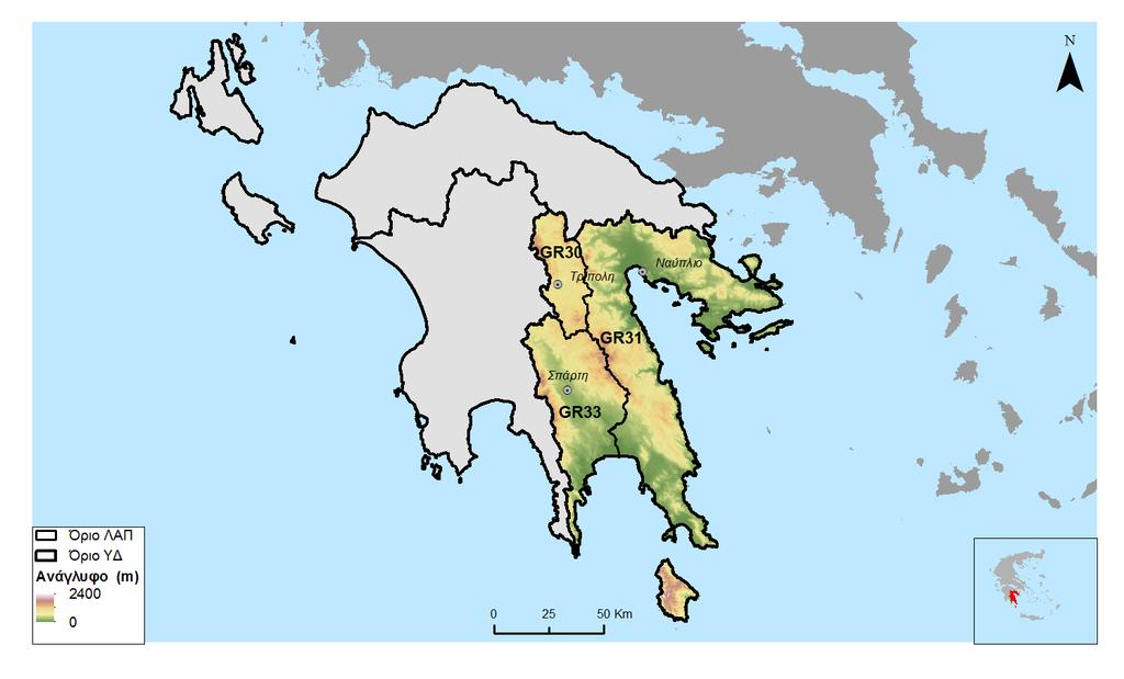 Σχήμα 3.2: Τοπογραφικό ανάγλυφο του ΥΔ Ανατολικής Πελοποννήσου Το μέσο υψόμετρο είναι 523.5 m. Η μέση κλίση είναι 30.70%. Το 41.