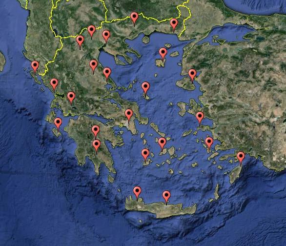 Εικόνα 3.2.3.1: Τοποθεσία των 24 μετεωρολογικών σταθμών του δικτύου του ΕΑΑ, οι οποίοι χρησιμοποιήθηκαν στα πλαίσια της παρούσας εργασίας. 3.3. Πορεία υλοποίησης της εργασίας Όπως έχει αναφερθεί και παραπάνω, στόχος της παρούσας διπλωματικής εργασίας είναι η αξιολόγηση του αριθμητικού μοντέλου πρόγνωσης του καιρού WRF version 3.