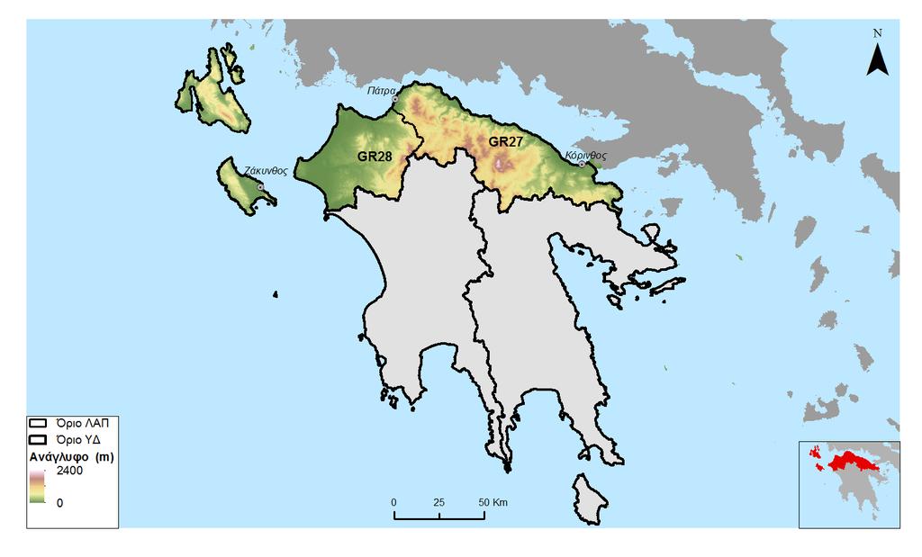 Σχήμα 3.2: Τοπογραφικό ανάγλυφο του ΥΔ Βόρειας Πελοποννήσου Το μέσο υψόμετρο είναι 507.7 m. Η μέση κλίση είναι 29.70%. Το 36.