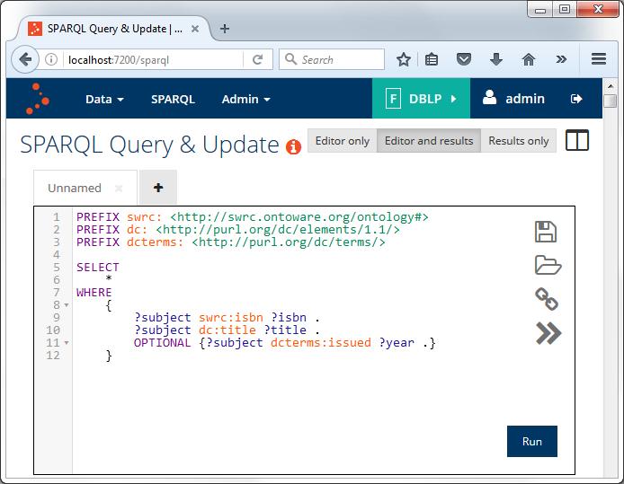 Εικόνα 10. Παράθυρο εκτέλεσης ερωτημάτων SPARQL του GraphDB. Για την εισαγωγή RDF συνόλων στον εξυπηρετητή, απαιτείται η δημιουργία κάποιου αποθηκευτικού χώρου που θα φιλοξενήσει τα δεδομένα αυτά.