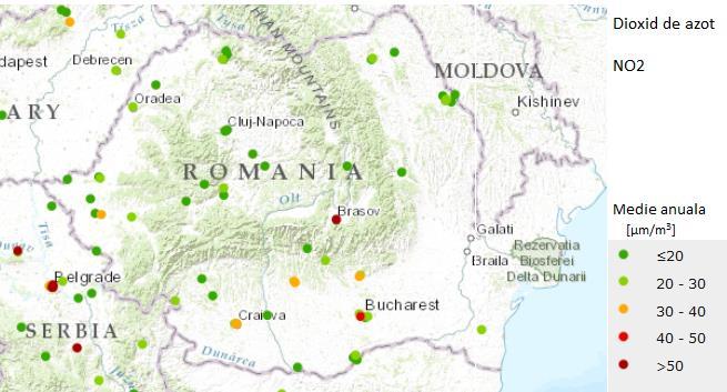 Concentraţiile anuale medii ale dioxidului de sulf în 2011 cel puţin 75% din măsurătorile valide, în µg/m 3 (a se vedea în text valorile limită