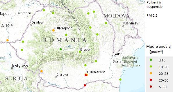 Protecția mediului și riscurile naturale Harta 11.5. Concentraţiile anuale medii ale pulberilor în suspensie PM2.