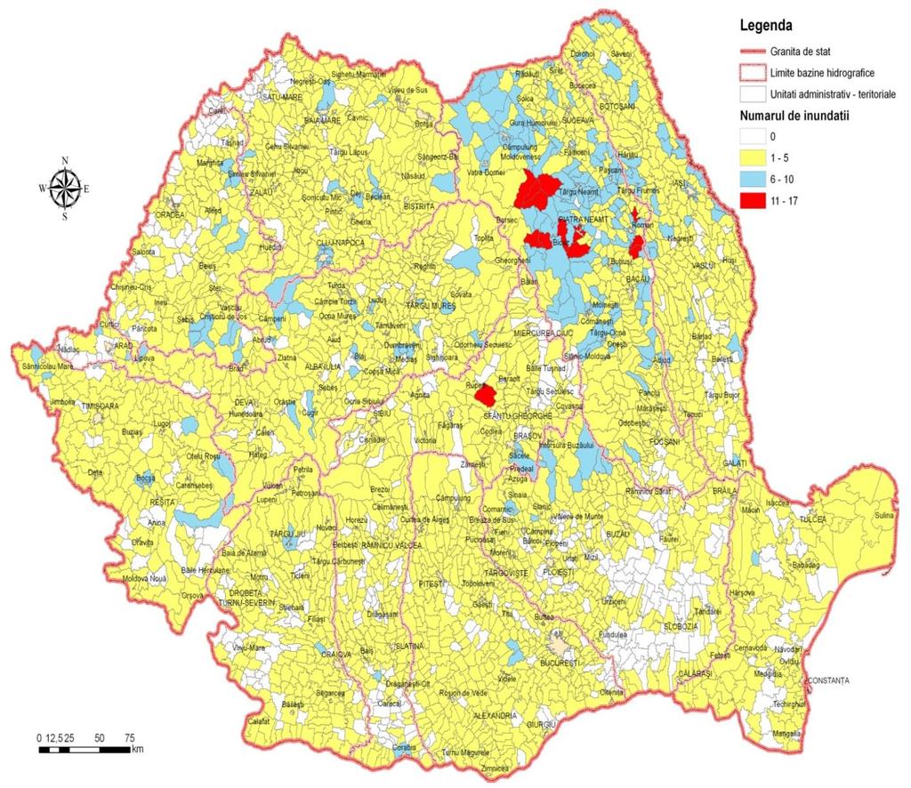 Protecția mediului și riscurile naturale Harta 11.19. Numărul de inundații pe unități administrativ teritoriale produse în intervalul 1969 2008 Sursă: ANAR, 2011 Nr.crt.