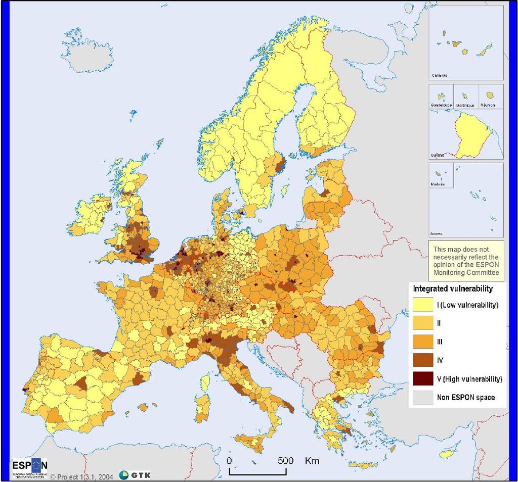 Protecția mediului și riscurile naturale Harta 11.38. Harta vulnerabilităţii integrate 40 Sursa: ESPON Caracterizarea NUT3 din punctul de vedere al vulnerabilităţii integrate (vezi scala pe Harta 11.