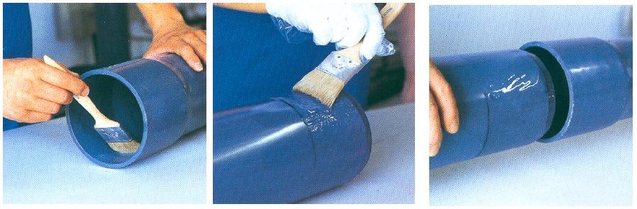 Dupǎ uscarea decapantului, se aplicǎ cu o pensulǎ curatǎ adezivul pe interiorul fitingului și pe exteriorul țevii; aplicarea trebuie facutǎ rapid, uniform,