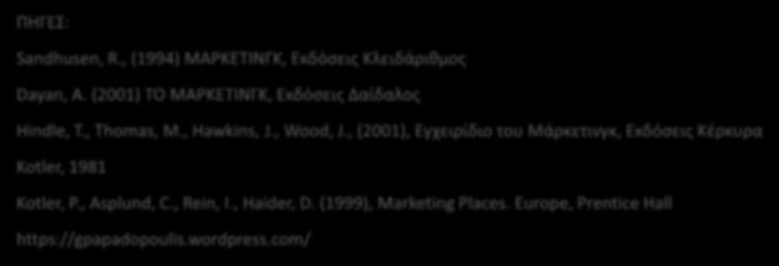, (1994) ΜΑΡΚΕΤΙΝΓΚ, Εκδόσεις Κλειδάριθμος Dayan, A. (2001) ΤΟ ΜΑΡΚΕΤΙΝΓΚ, Εκδόσεις Δαίδαλος Hindle, T., Thomas, M.