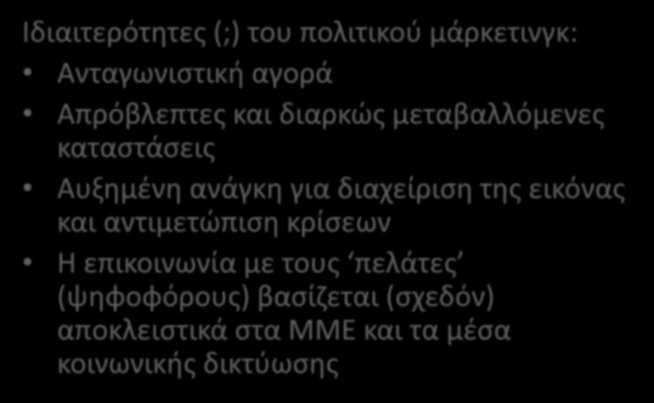 ΤΟ ΠΑΡΑΔΕΙΓΜΑ ΤΟΥ ΠΟΛΙΤΙΚΟΥ ΜΑΡΚΕΤΙΝΓΚ Ιδιαιτερότητες (;) του πολιτικού μάρκετινγκ: Ανταγωνιστική αγορά Απρόβλεπτες και διαρκώς μεταβαλλόμενες καταστάσεις Αυξημένη