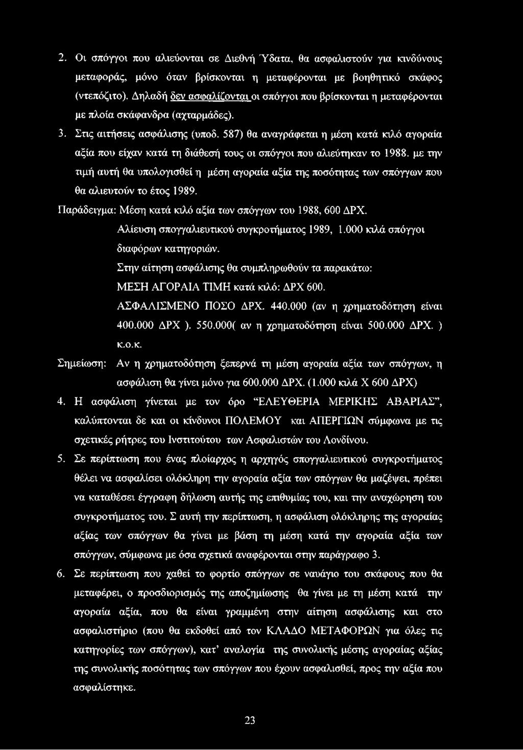 587) θα αναγράφεται η μέση κατά κιλό αγοραία αξία που είχαν κατά τη διάθεσή τους οι σπόγγοι που αλιεύτηκαν το 1988.