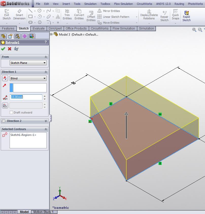 Extrude: Sketch1 From: sketch plane Direction 1: