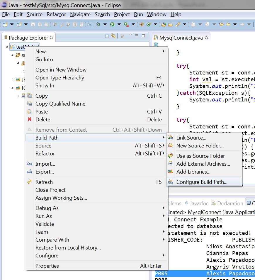 Σύνδεση στη ΒΔ με Java Στον Package Explorer του Eclipse