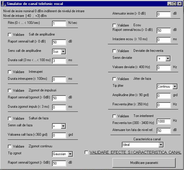 4 Parametrii canalelor telefonice vocale Aplicaţia.. Fig..7. Interfaţa cu utilizatorul a simulatorului de canal telefonic vocal implementat pe placa DSKC 4.