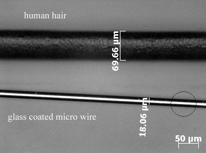 Mosoare cu microfire din FeBSi şi cupru Vedere la microscop a unui microfir din FeBSi Se pot obţine diferite structuri ale miezului de