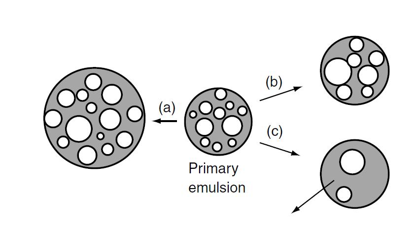 Αποσταθεροποίηση πολλαπλών γαλακτωμάτων (a) Συγχώνευση των σταγονιδίων του δευτερογενούς γαλακτώματος-διατήρηση αρχικού μεγέθους σταγονιδίων πρωτογενούς γαλακτώματος (b) συγχώνευση στγ.