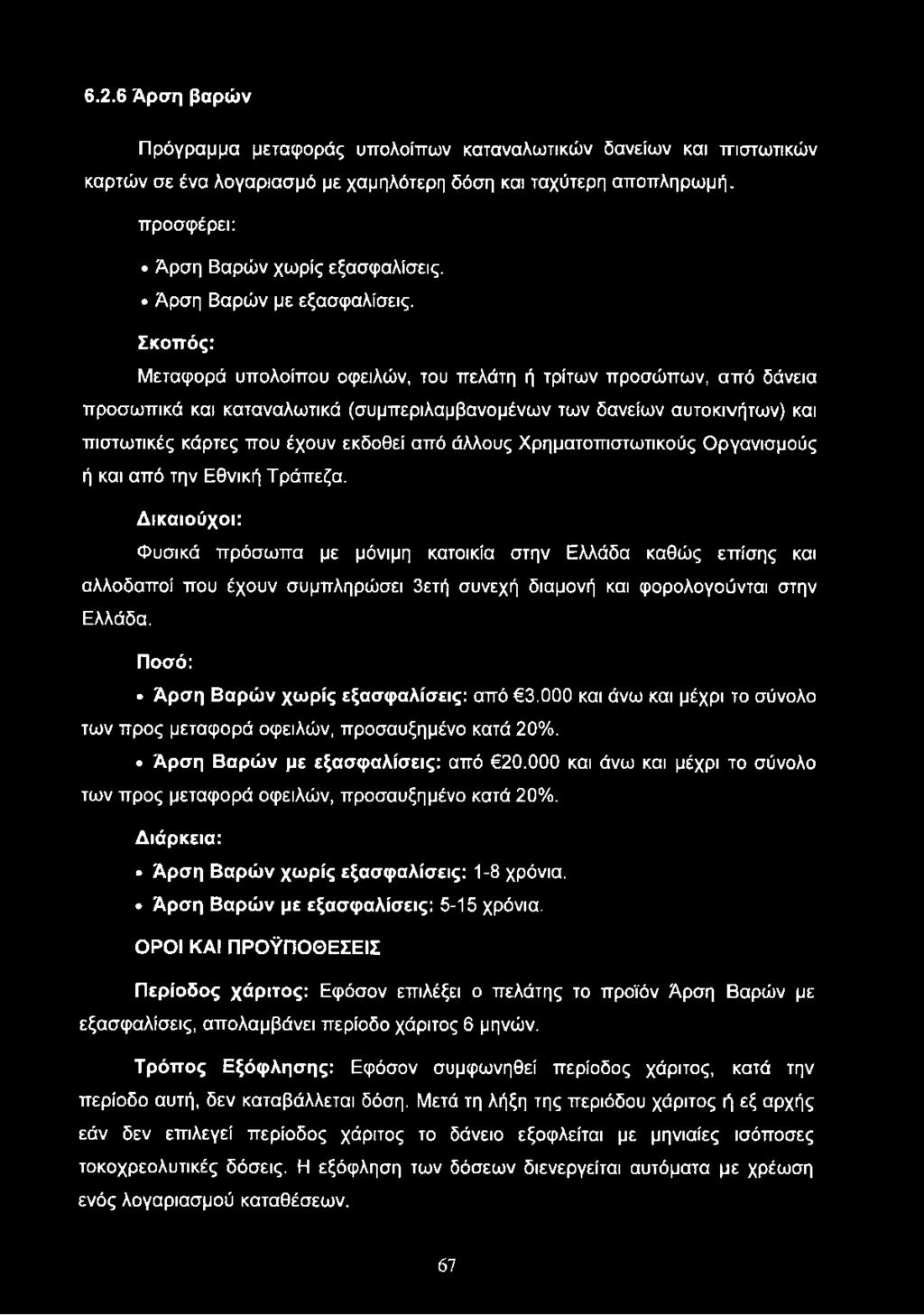 6.2.6 Άρση βαρών Πρόγραμμα μεταφοράς υπολοίπων καταναλωτικών δανείων και ττιστωτικών καρτών σε ένα λογαριασμό με χαμηλότερη δόση και ταχύτερη αποπληρωμή. προσφέρει: Άρση Βαρών χωρίς εξασφαλίσεις.