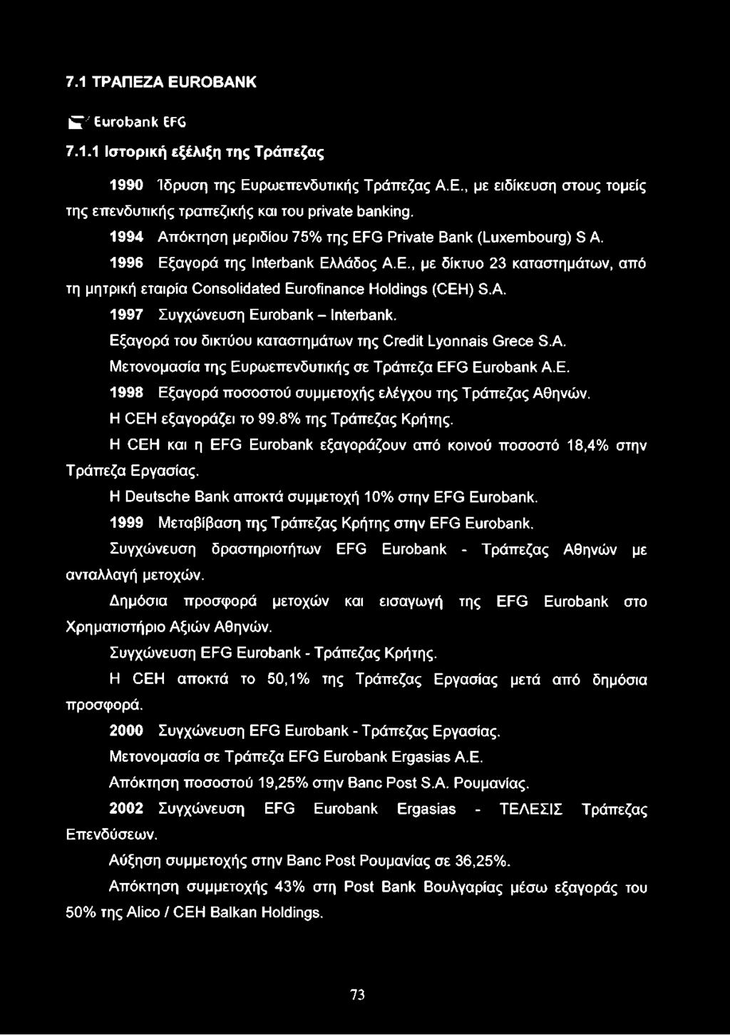 A. 1997 Συγχώνευση Eurobank - Interbank. Εξαγορά του δικτύου καταστημάτων της Credit Lyonnais Grece S.A. Μετονομασία της Ευρωεπενδυτικής σε Τράπεζα EFG Eurobank Α.Ε. 1998 Εξαγορά ποσοστού συμμετοχής ελέγχου της Τράπεζας Αθηνών.