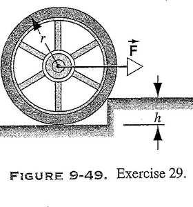 22_Rigid_body/e_22_8_406.html 29. What minimum force F applied horizontally at the axle of the wheel in Fig. 9-49 is necessary to raise the wheel over an obstac1e of height h?