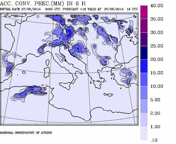 2.3.4 Πρόγνωση κατακρήμνισης Η πρόγνωση της κατακρήμνισης εξάγεται όπως και οι υπόλοιπες μετεωρολογικές προγνώσεις από τις χρησιμοποιούμενες εξισώσεις των αριθμητικών μοντέλων καιρού και συγκεκριμένα