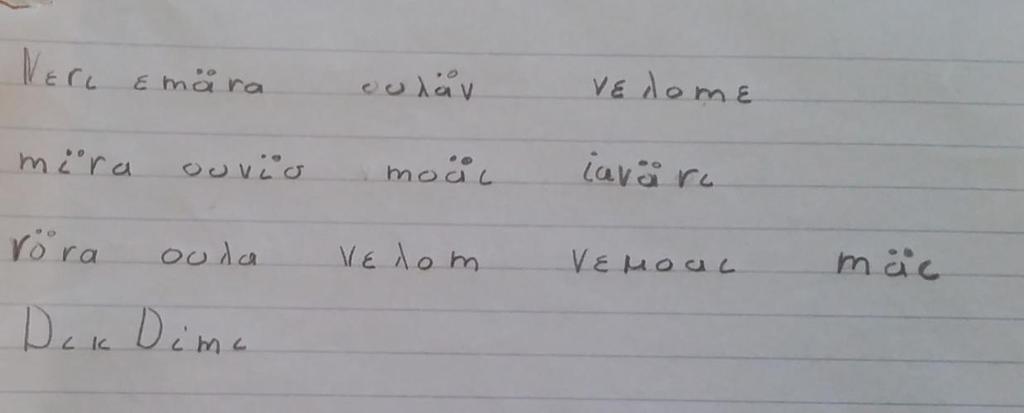 Δείγμα από το γραπτό του Γκιλντιάν Ο Μάριο γράφει τις λέξεις με αλβανικά