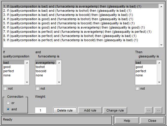 Σχήμα 4.22: Rule Editor: Rules 1-9. Από τους κανόνες αυτούς υπολογίζεται η ποιότητα του τελικού παραγόμενου γυαλιού κάθε φορά ανάλογα με τις εισόδους που θα υπάρχουν.