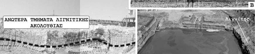 A) View of Mavropigi field, B) Surface occurrence of lignites in